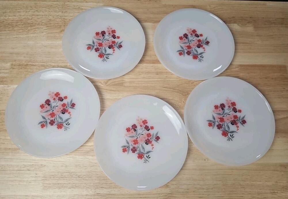 5 Vintage MCM Fire King Milk Glass Primrose Pink & Red Flower Salad Plate 1960s